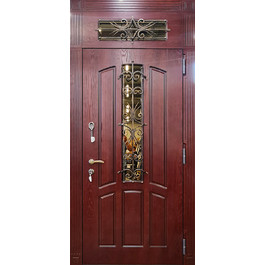 Морозостойкая уличная дверь с фрамугой РД-2469 ковка и стекло МДФ вишня селекционная по цене от 65000 рублей