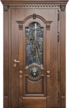 Парадная дверь с терморазрывом РД-2489 стекло и ковка + декоративный лев