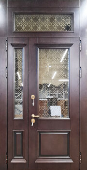 Полуторная дверь с фрамужной вставкой РД-2573 со стеклом и ковкой