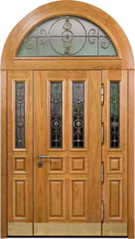 Арочная металлическая дверь РД-2458 со стеклопакетом и ковкой терморазрыв комплексный