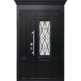 Черная дверь из массива дуба двустворчатая РД-2281 стекло и ковка по цене от 69900 рублей