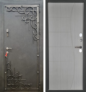 Дверь морозостойкая стальная РД-2446 с декоративной ковкой порошок и МДФ серый