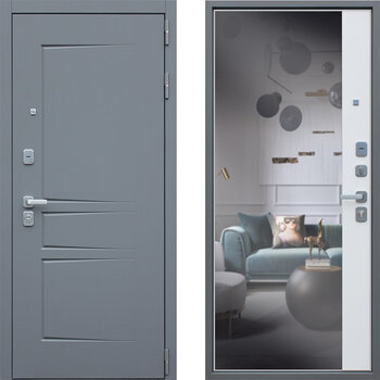 Дверь входная с зеркалом РД-2368 МДФ серый/белый