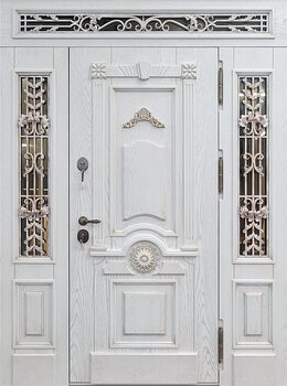 Дверь зимняя РД-2493 МДФ белый ясень филенчатый со стеклопакетами и ковкой