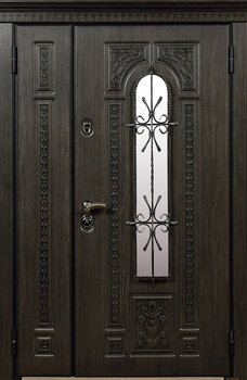 Двухстворчатая дверь РД-2456 со стеклом и ковкой для дома или коттеджа с МДФ