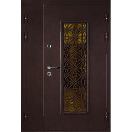 Двухстворчатая дверь со стеклом и ковкой РД-2119 антик медь по цене от 40000 рублей