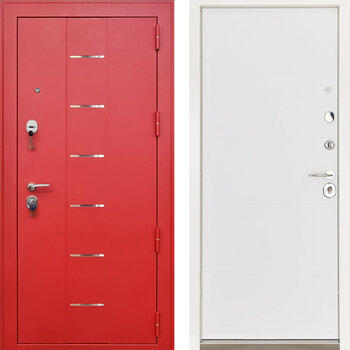 Красная металлическая дверь с вставками молдинга в кваритру РД-2512 с термозащитой