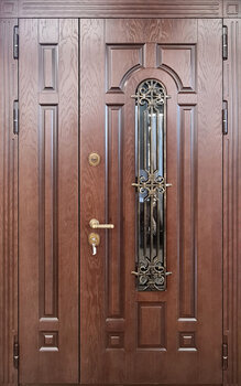 МДФ дверь с ковкой и стеклом РД-2581 двухстворчатая