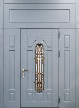 Морозостойкая дверь с ковкой и стеклом РД-2570 с верхней фрамугой