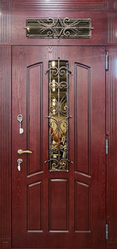 Морозостойкая уличная дверь с фрамугой РД-2469 ковка и стекло МДФ вишня селекционная
