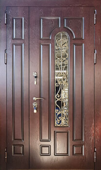 Полуторная дверь в частный дом с ковкой и стеклом РД-2569