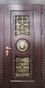Термо дверь с декоративным львом РД-2607 стекло и ковка