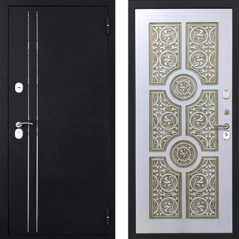 Входная дверь порошковое напыление и МДФ-панель РД-2376 черный муар/патина золото