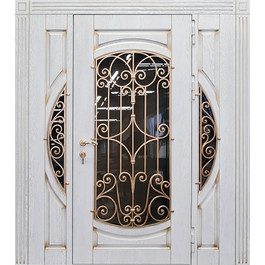 Входная дверь РД-2501 для коттеджа с фрамугами стеклопакеты + ковка МДФ белый патина по цене от 75000 рублей