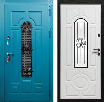 Яркая дверь в коттедж с отделкой МДФ РД-2535 цвет синий и белый